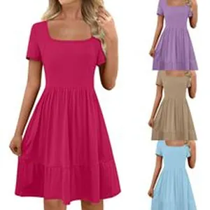Solid color short-sleeved tiered dress available in fuchsia, purple, khaki, and blue