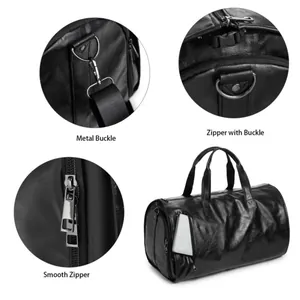 Detail view of the metal buckles and smooth zippers on the black faux leather travel bag