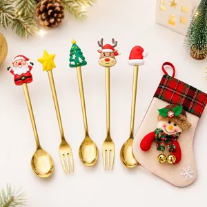 Christmas theme gold stainless steel spoon and fork set with silicone characters