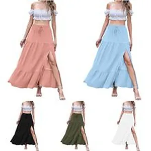 Elegant high waist side split maxi skirt available in five solid colors for women