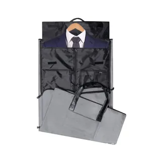 Detailed view of the convertible garment bag showing open suit storage and folded handle