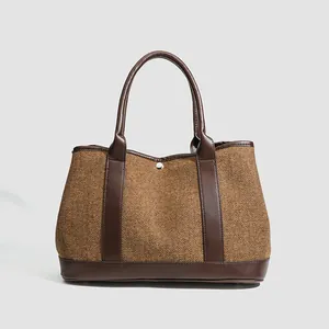 Sac Cabas de Luxe Design de Niche Automne Hiver Femme Grand Sac Rétro en Laine à Chevrons et Épissage de Cuir PU Bandoulière