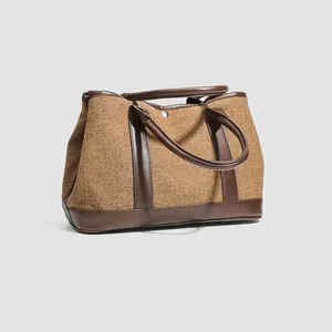 Sac cabas élégant en laine à chevrons marron avec anses en cuir pour femme en automne