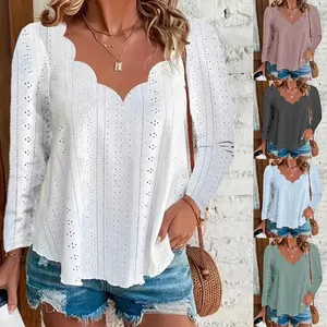 Women Scalloped Neck Eyelet Jacquard Long Sleeve Top Solid Color Casual Breathable Polyester Spliced T-Shirt