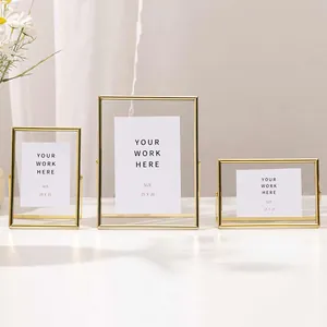 Set of three minimalist gold metal photo frames with transparent glass for home desk display