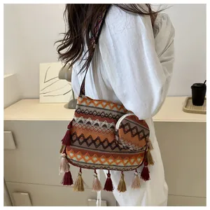 Bohemian ethnic style large capacity shoulder bag with tassels and matching pouch