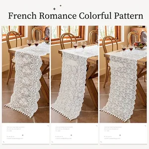 French style white lace table runner with floral patterns and tassels