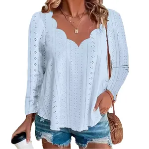 Women's scalloped neck light blue eyelet long sleeve blouse with elegant floral pattern
