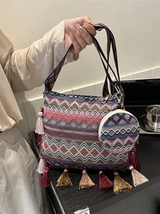 Ethnic Woven Large Capacity Shoulder Bag Bohemian Geometric Tassel Crossbody Bag For Women Daily Vacation Two Piece Set