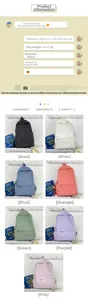 Detaillierte Spezifikationen und Farboptionen für diesen leichten Nylon-Rucksack.