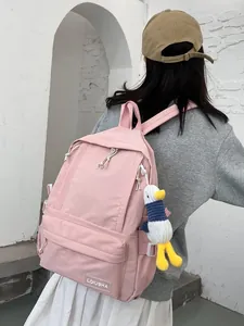 Women Large Capacity Nylon School Backpack Korean College Style Solid Color Student Daypack With Cute Plush Pendant