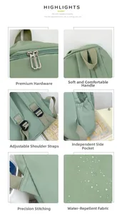 Details des hellgrünen Rucksacks mit Hardware, Gurten und wasserabweisendem Stoff