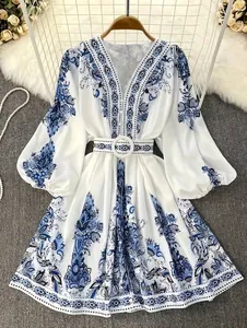 Women Bohemian Floral Print V Neck Lantern Sleeve Maxi Dress Elegant High Waist A Line Holiday Long Sleeve Dress With Belt