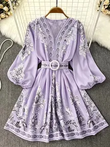 Elegant lavender Bohemian V-neck mini dress with vintage floral prints and lantern sleeves