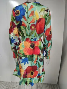 Vue arrière d'une robe fleurie à manches longues et volants colorés.