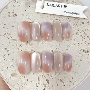 Short Oval Press On Nails Rainbow Gradient Pink Purple Cat Eye Fake Nails Set With Jelly Glue For Women Daily Manicure Decoration