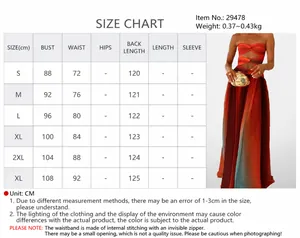 Size chart detail for a strapless cutout gradient maxi dress for summer vacation.