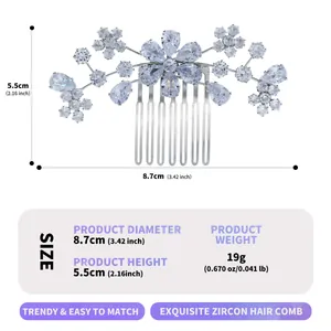 Spécifications détaillées de taille et poids pour le peigne de mariée à fleurs en zircon.
