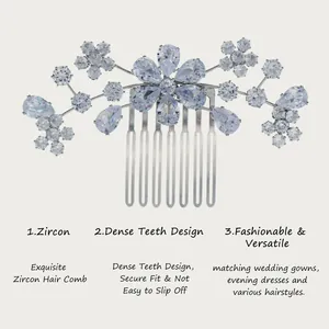 Vue détaillée du peigne à cheveux en zircon étincelant avec un design à dents denses