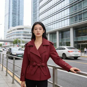 Trench-coat Court à la Mode pour Femmes Double Boutonnage Avec Ceinture Veste à Revers Couleur Unie Élégant Automne Manteau