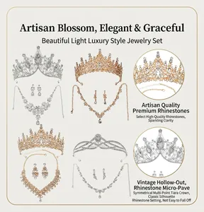 Vue détaillée d'ensembles diadème, collier et boucles d'oreilles en strass or et argent.