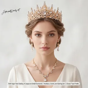 Parure de Bijoux de Mariage en Alliage Strass Couronne Diadème Luxueuse Collier Boucles d'Oreilles Mariage Fête Femme