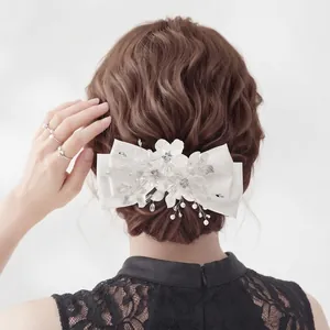 Mariée Nœud en Satin Blanc Barrette à Cheveux Florale Fait à la Main Künstliche Perle Strass Pince Bec de Canard Mariage Français Vacances Accessoires Cheveux pour Femmes