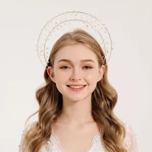 Elegant multi-layer pearl crown headband for bridal hair styling or cosplay events.