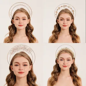 Four styles of handmade multi-layer crowns with pearls and floral details for parties.