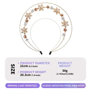 Detailed dimensions of the multi-layer floral crown with pearls and luxury gold finish