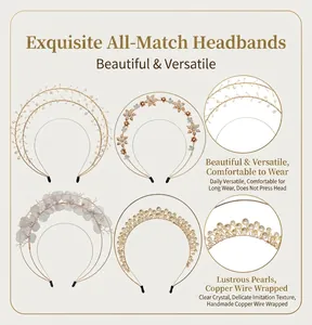 Close-up detail of handmade multi-layered headbands featuring pearls and floral accents.
