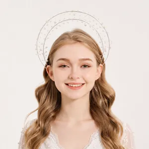 Vintage Halo Crown Headband Handmade Imitation Artificial Pearls Copper Wire Gold Tiara For Women Wedding Party Photo Accessories