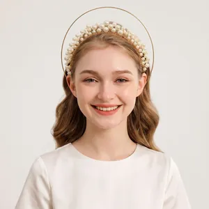 Handmade elegant multi-layer pearl crown headband with gold halo for weddings or parties