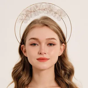 Handmade elegant gold multi-layered crown headband with delicate pearl floral details
