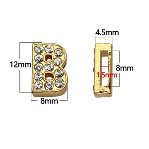 8mm gold rhinestone letter B charm with detailed size measurements for DIY jewelry