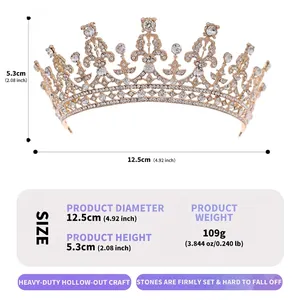 Vintage rhinestone crown tiara specifications showing 5.3cm height and 12.5cm diameter