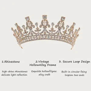 Detail of vintage European rhinestone tiara with hollow alloy frame and secure loops.