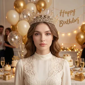 Ornate vintage gold rhinestone crown for women in a festive birthday party setting