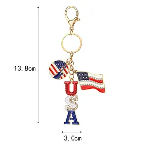 USA Independence Day keychain with flag and rhinestone letters, size 13.8x3.0cm