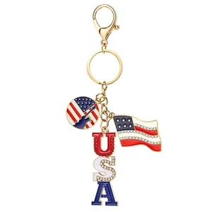 Patriotic USA flag keychain with red white and blue rhinestone charms for July 4th