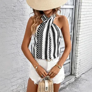 Women Casual Halter Neck Sleeveless Blouse Geometric Print Summer Vacation Street Style Cross Neck Pullover Top