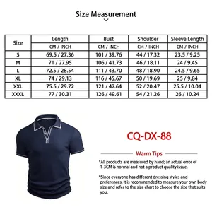 Size chart for men's ribbed short-sleeve polo shirt in navy blue with white trim.