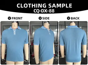 Multi-angle display of a men's light blue ribbed short sleeve polo shirt with white trim.