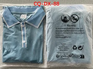Light blue ribbed men's polo shirt shown in its transparent protective packaging with size label