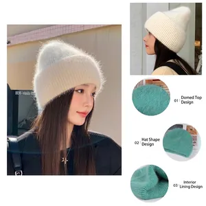 Damen Winter Warme Kaninchenhaar Strickmütze Flauschig Umschlag Rippenstrick Dicke Schicht Einfarbig Outdoor Weich