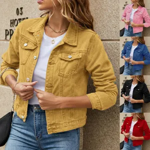 Stylish women's denim jacket with button pockets available in five different colors