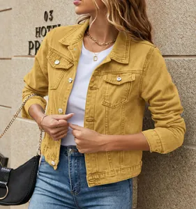 Fashionable mustard yellow denim jacket with lapel and button-down front for women