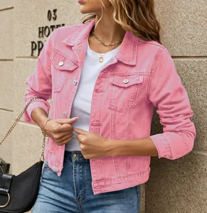 Fashionable pink denim jacket for women featuring lapel collar and single-breasted pockets