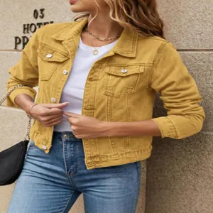 Women's Fashion Denim Jacket Trendy Solid Color Lapel Single-Breasted Top With Flap Pockets European Casual Jean Jacket