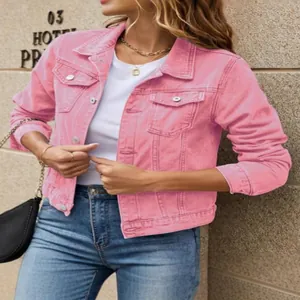 Fashionable pink denim jacket for women featuring a lapel collar and chest pockets.